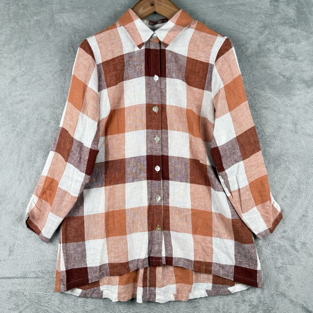 Soft Surroundings Linen Blend Carreaux Shirt Womens L Orange Gingham Button Up
